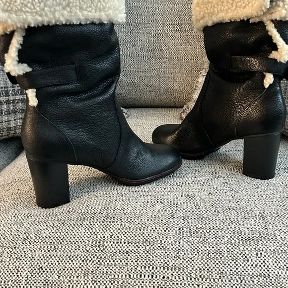 Tommy Hilfiger Black Heeled Boots with Cream Fur size 6 1/2 leather uppers - Picture 3 of 5